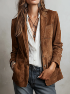 Blazer da Donna Effetto Scamosciato con Impunture a Contrasto | Giacca Sartoriale Monopetto a Due Bottoni con Revers e Tasche Applicate