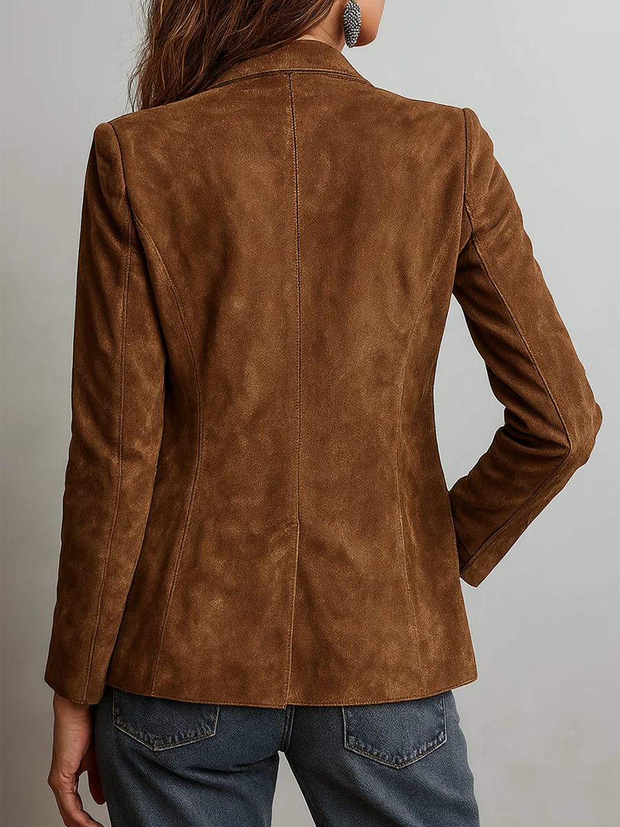 Blazer da Donna Effetto Scamosciato con Impunture a Contrasto | Giacca Sartoriale Monopetto a Due Bottoni con Revers e Tasche Applicate