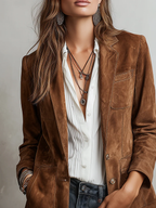 Blazer da Donna Effetto Scamosciato con Impunture a Contrasto | Giacca Sartoriale Monopetto a Due Bottoni con Revers e Tasche Applicate