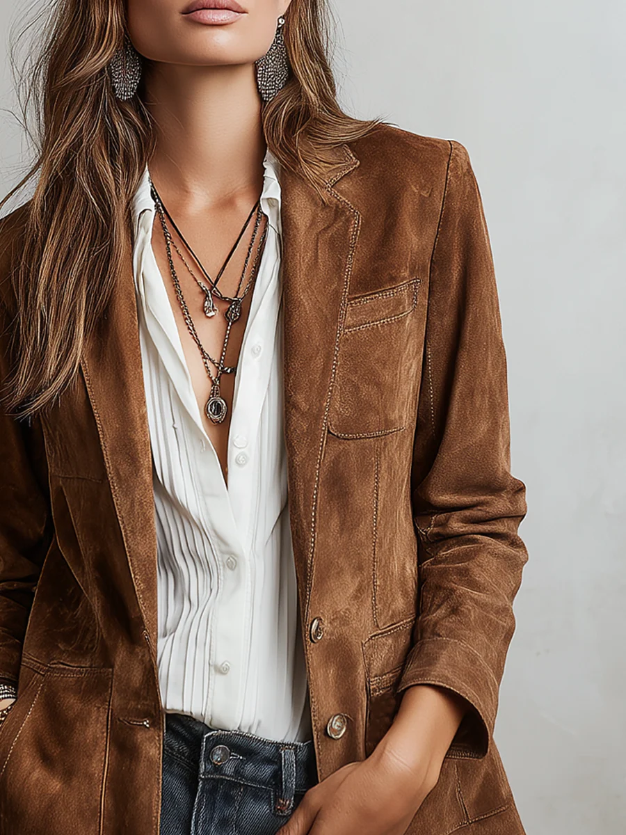 Blazer da Donna Effetto Scamosciato con Impunture a Contrasto | Giacca Sartoriale Monopetto a Due Bottoni con Revers e Tasche Applicate