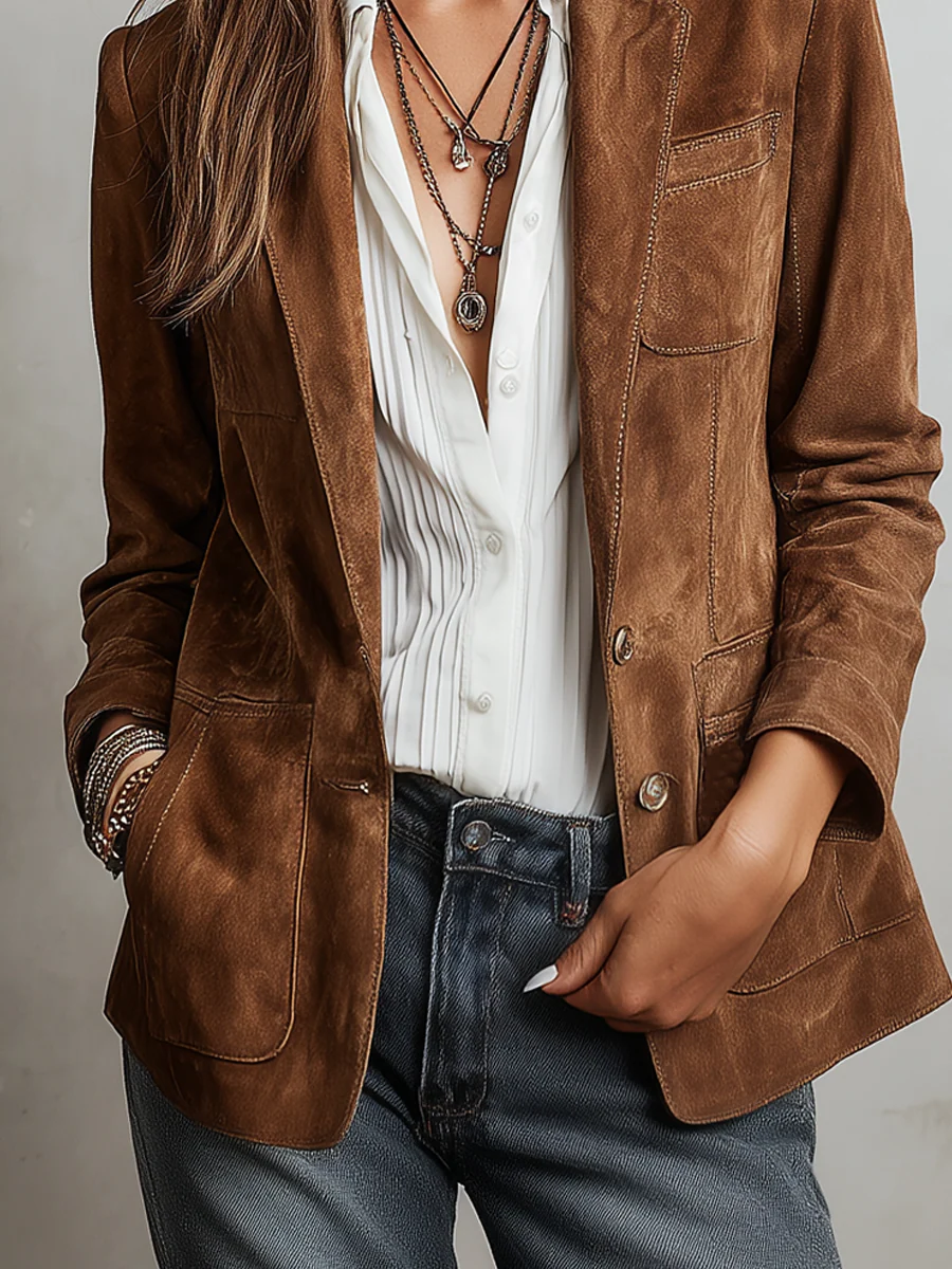 Blazer da Donna Effetto Scamosciato con Impunture a Contrasto | Giacca Sartoriale Monopetto a Due Bottoni con Revers e Tasche Applicate