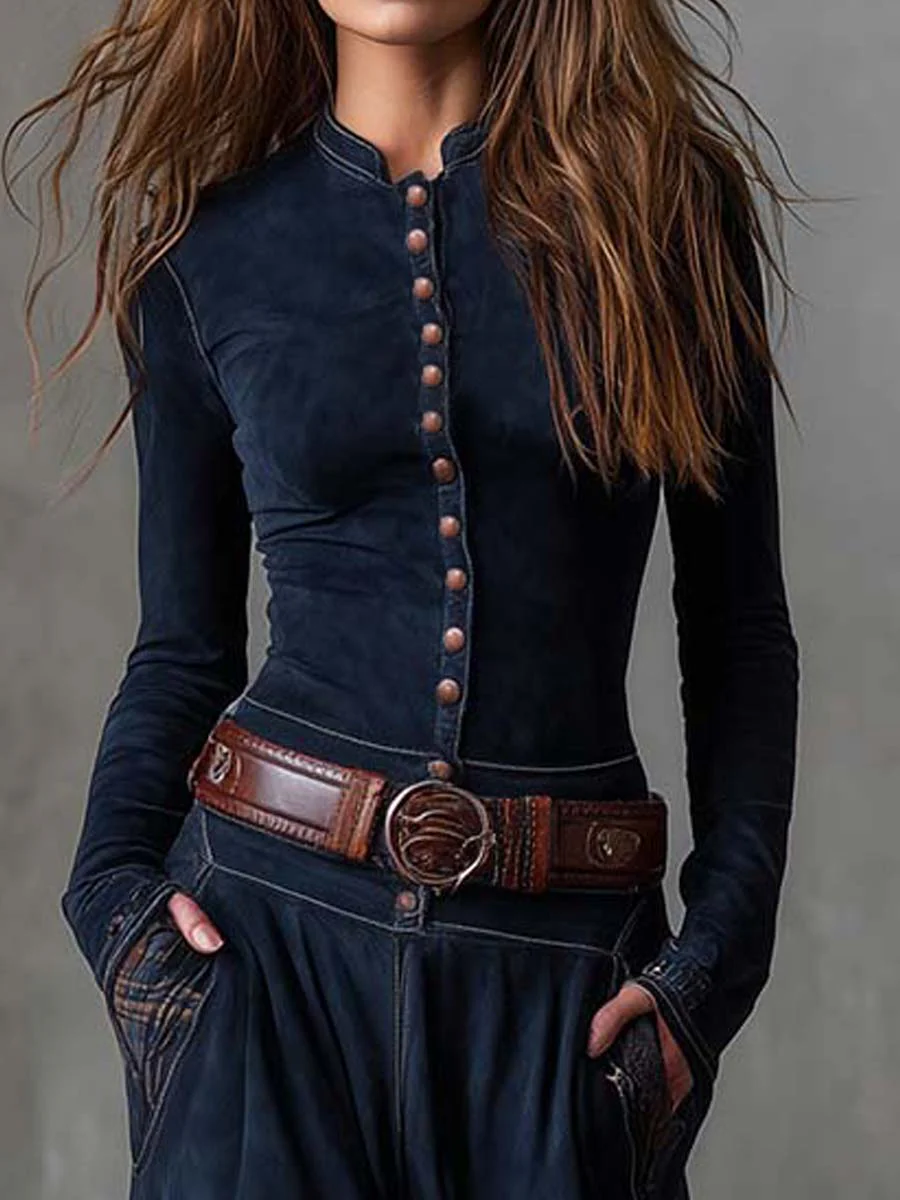 Abito Lungo da Donna in Simil Camoscio con Cintura e Bottoni | Vestito Maxi a Balze Patchwork