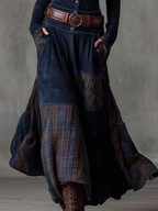 Abito Lungo da Donna in Simil Camoscio con Cintura e Bottoni | Vestito Maxi a Balze Patchwork