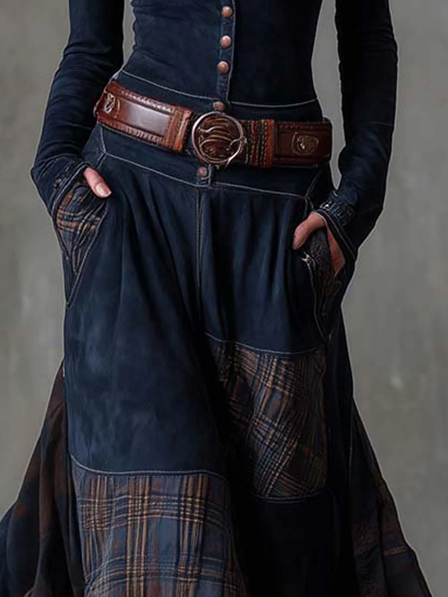 Abito Lungo da Donna in Simil Camoscio con Cintura e Bottoni | Vestito Maxi a Balze Patchwork