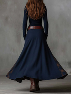 Abito Lungo da Donna in Simil Camoscio con Cintura e Bottoni | Vestito Maxi a Balze Patchwork