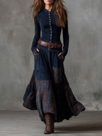 Abito Lungo da Donna in Simil Camoscio con Cintura e Bottoni | Vestito Maxi a Balze Patchwork