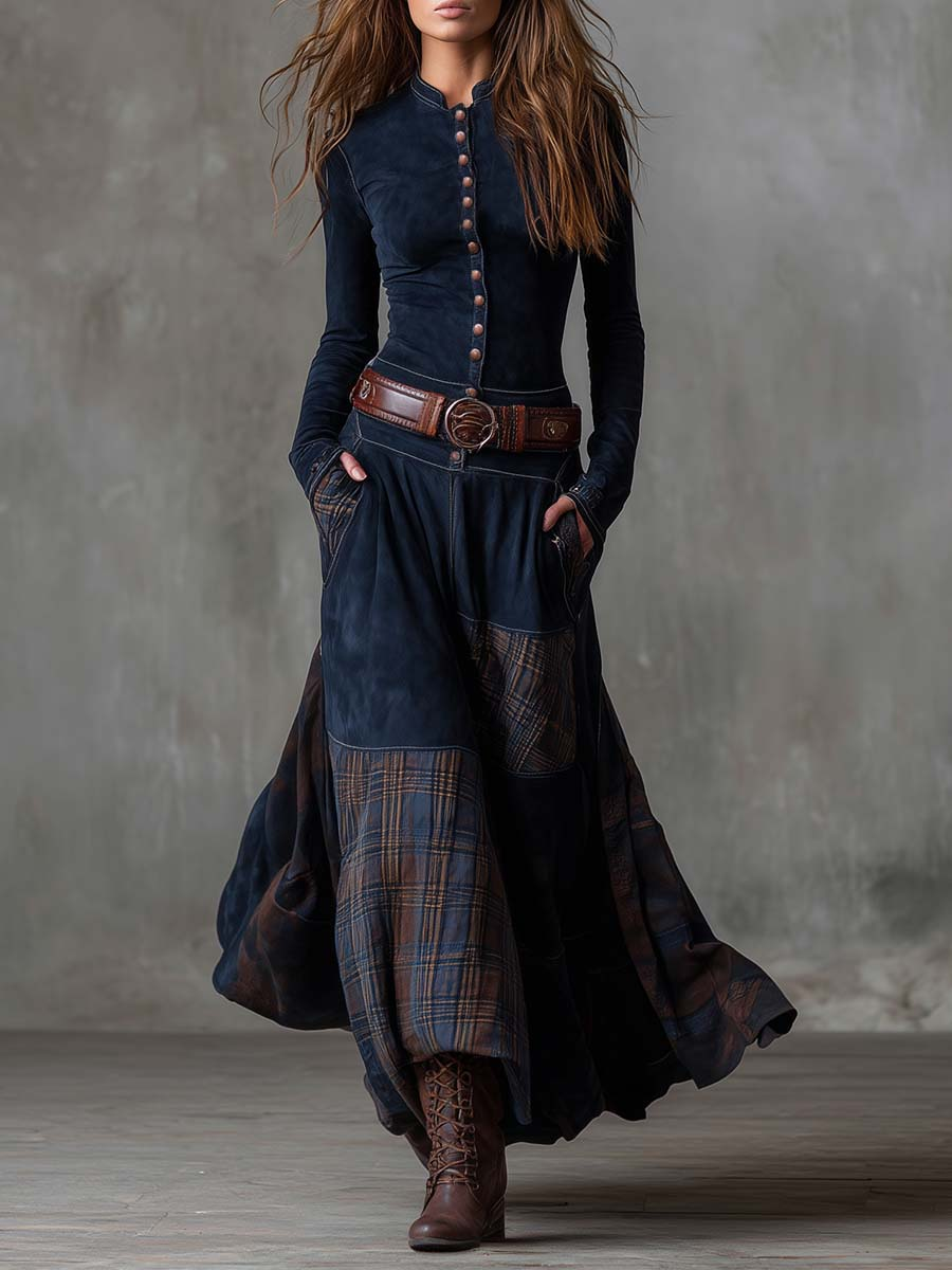Abito Lungo da Donna in Simil Camoscio con Cintura e Bottoni | Vestito Maxi a Balze Patchwork