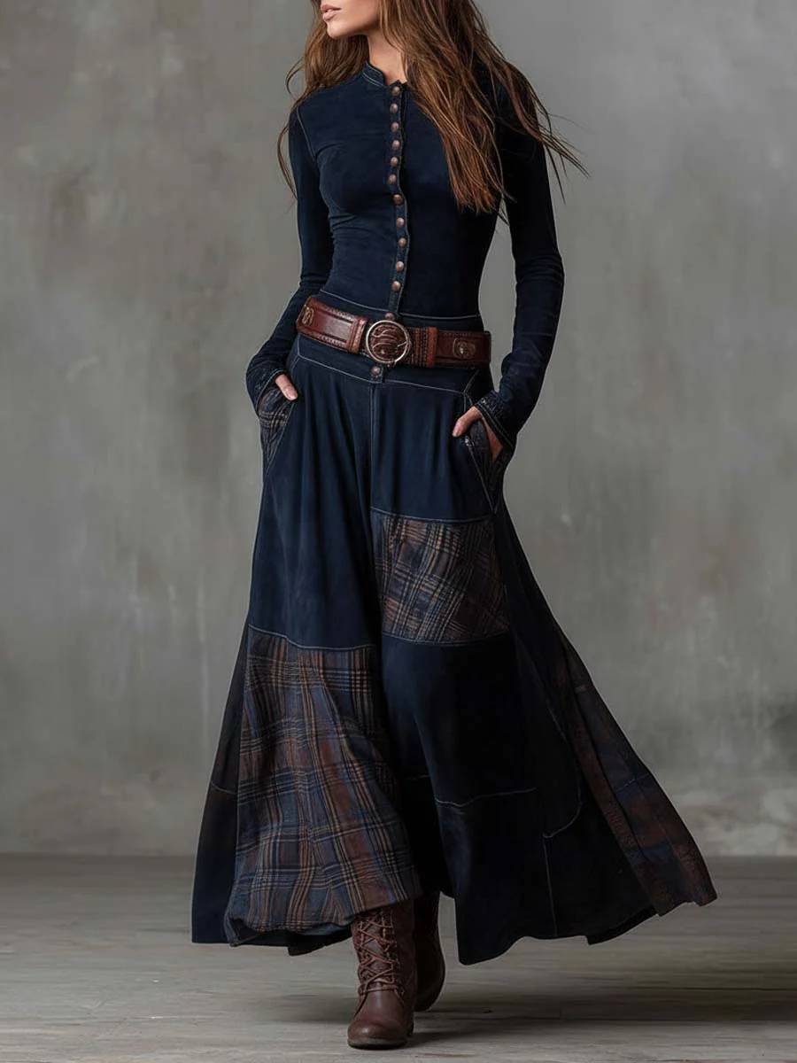 Abito Lungo da Donna in Simil Camoscio con Cintura e Bottoni | Vestito Maxi a Balze Patchwork
