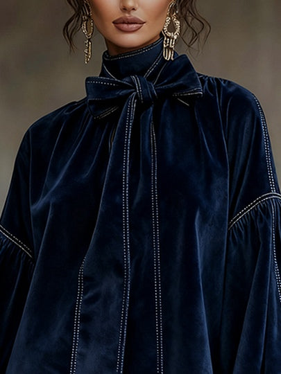 Abito Corto da Donna in Velluto con Fiocco al Collo | Vestito a Tunica Elegante con Maniche a Sbuffo