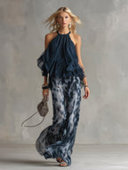 Completo Elegante in Chiffon da Donna a Due Pezzi | Top Collo Alto e Pantaloni Ampi Stampati