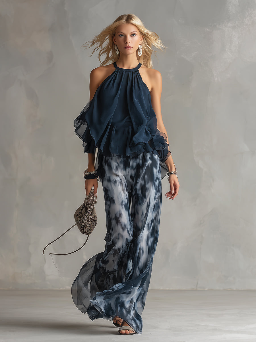 Completo Elegante in Chiffon da Donna a Due Pezzi | Top Collo Alto e Pantaloni Ampi Stampati