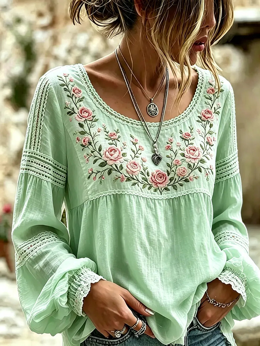 Camicetta da Donna in Lino con Ricami Floreali e Inserti in Pizzo | Blusa Bohémien a Maniche Lunghe con Ampio Scollo Rotondo