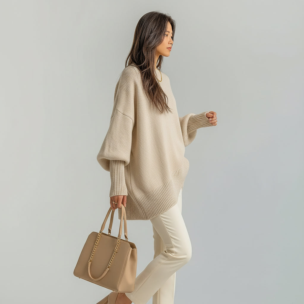 Maglione da Donna a Maniche a Pipistrello con Orlo Asimmetrico | Pullover Morbido Girocollo con Polsini a Costine