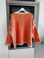 Maglione da Donna Girocollo in Maglia Morbida con Profili a Contrasto | Pullover Invernale Caldo a Spalla Scesa con Finiture Ricamate