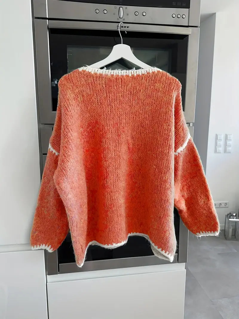 Maglione da Donna Girocollo in Maglia Morbida con Profili a Contrasto | Pullover Invernale Caldo a Spalla Scesa con Finiture Ricamate