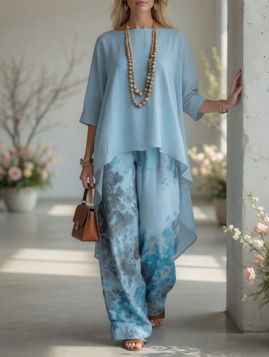 Completo da Donna Elegante con Stampa Botanica Vintage | Set Coordinato 2 Pezzi Tunica Asimmetrica High-Low e Pantaloni a Gamba Larga