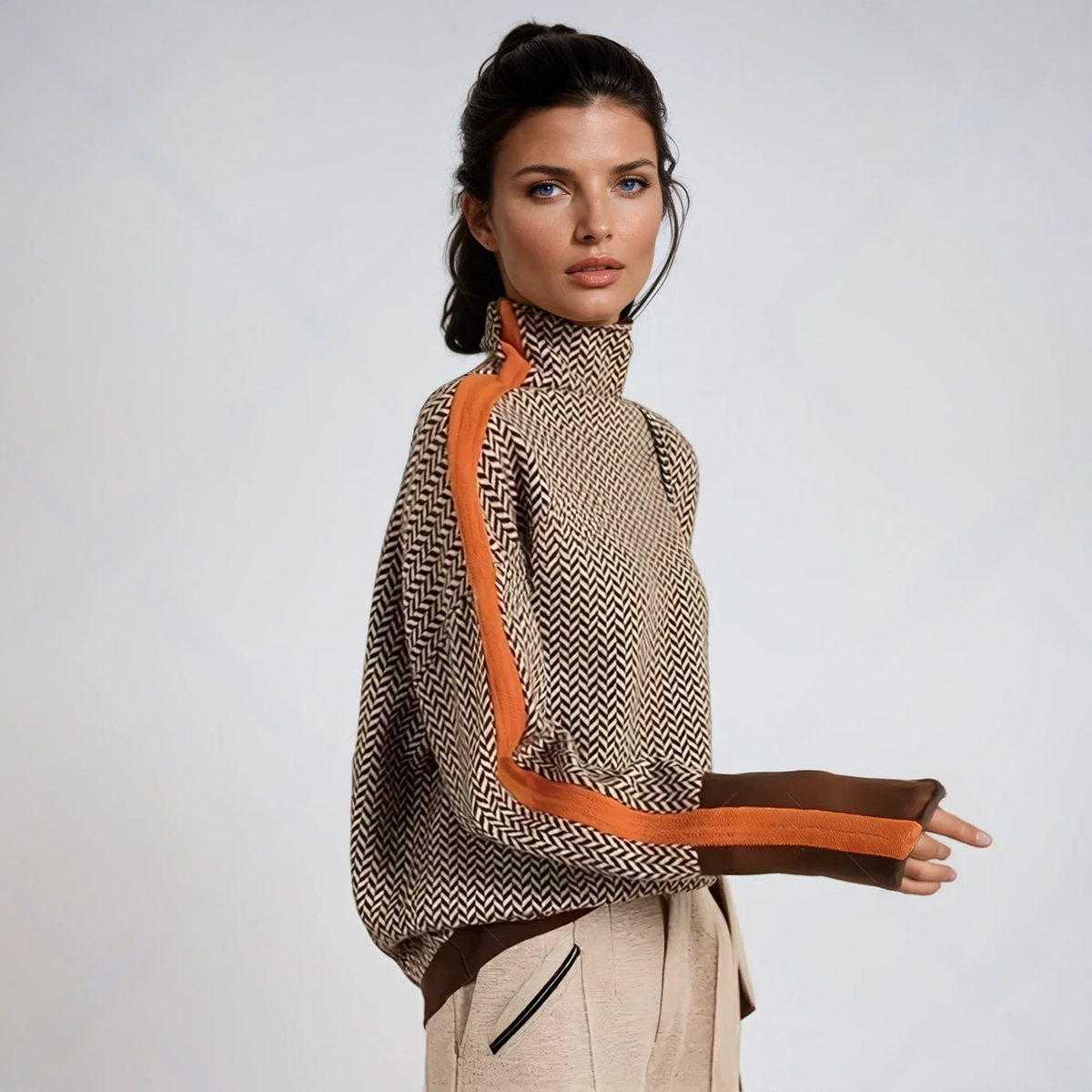 Maglione da Donna a Collo Alto con Righe a Contrasto | Pullover Lavorato a Maglia Caldo e Morbido