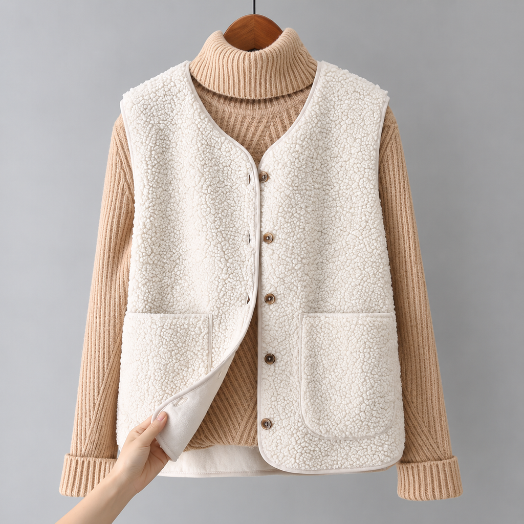 Gilet da Donna in Caldo Pile Sherpa con Bottoni e Scollo a V | Smanicato Invernale Morbido con Tasche Applicate