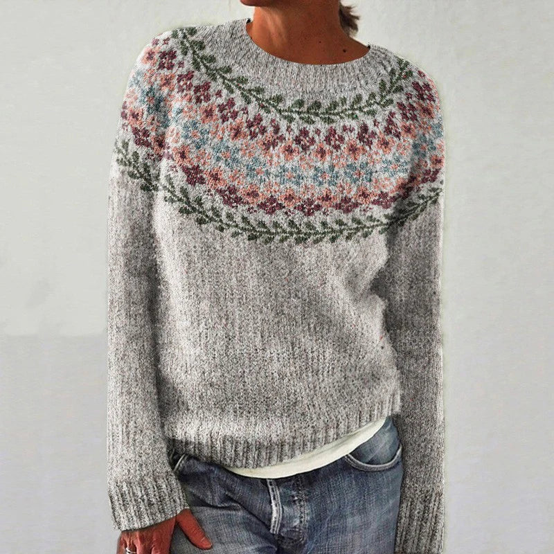 Maglione da Donna Girocollo in Maglia con Motivo Botanico Scandinavo | Pullover Invernale Morbido con Sprone Floreale Retro