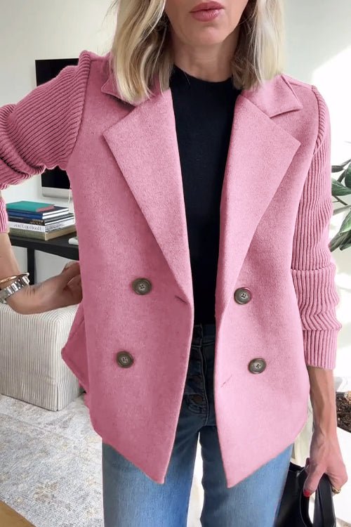 Blazer da Donna Ibrido Doppio Petto con Maniche in Maglia a Costine | Giacca Sartoriale Calda con Revers e Bottoni a Contrasto