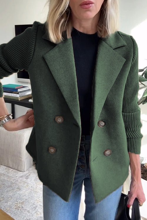 Blazer da Donna Ibrido Doppio Petto con Maniche in Maglia a Costine | Giacca Sartoriale Calda con Revers e Bottoni a Contrasto