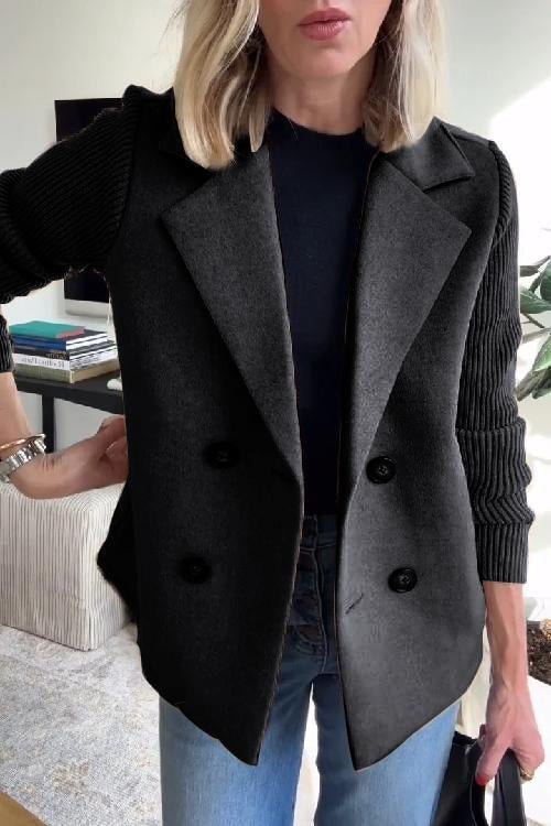 Blazer da Donna Ibrido Doppio Petto con Maniche in Maglia a Costine | Giacca Sartoriale Calda con Revers e Bottoni a Contrasto