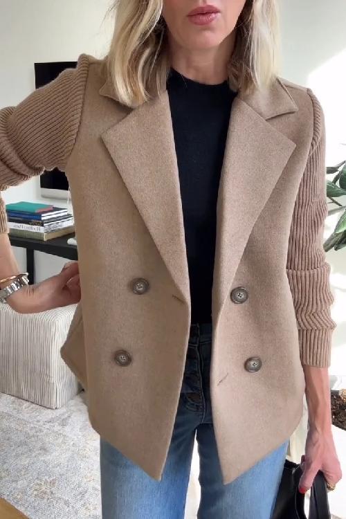 Blazer da Donna Ibrido Doppio Petto con Maniche in Maglia a Costine | Giacca Sartoriale Calda con Revers e Bottoni a Contrasto
