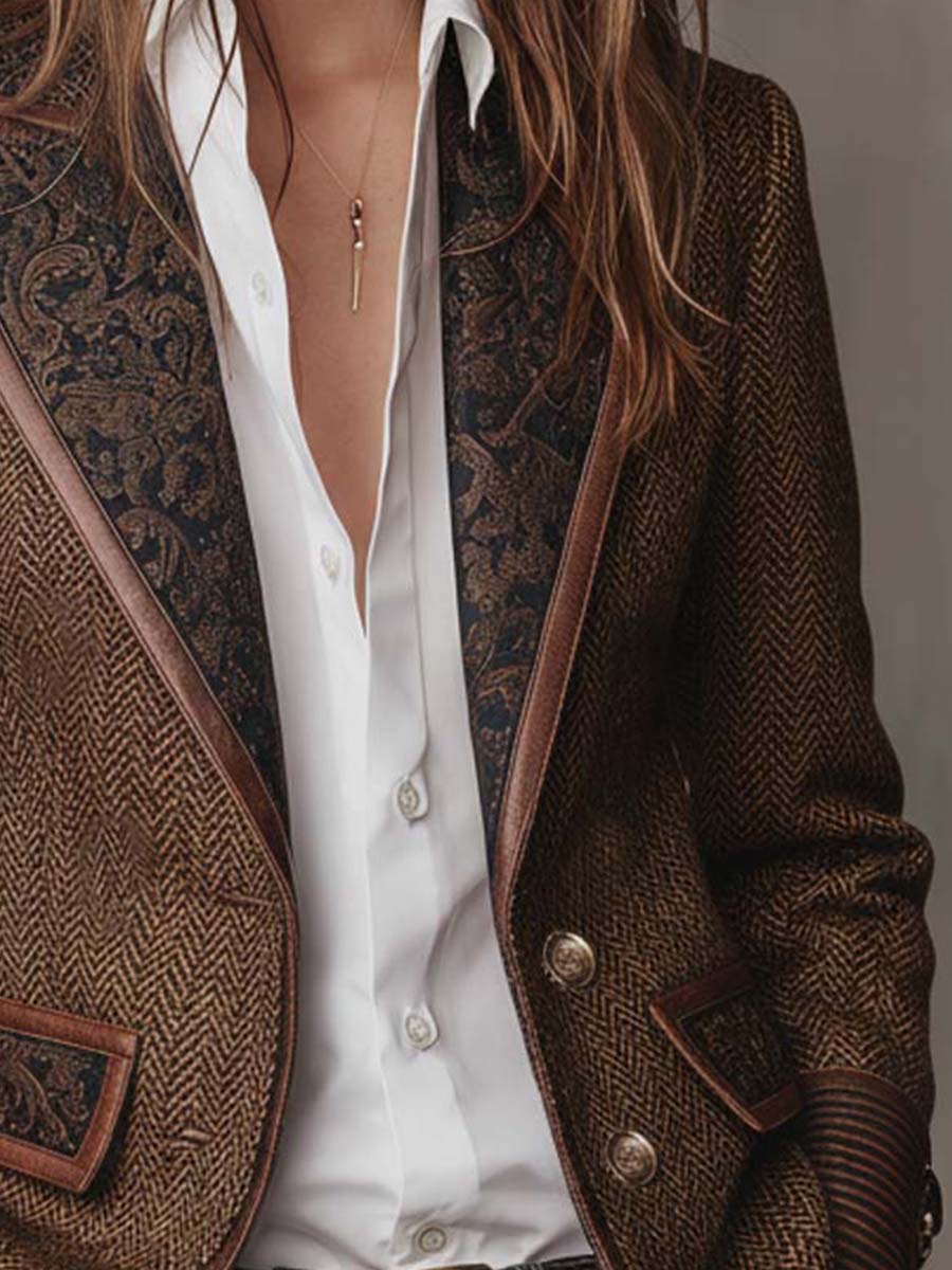 Blazer Sartoriale da Donna con Inserti Geometrici a Zigzag e Profili a Contrasto | Giacca Strutturata a Spina di Pesce a Due Bottoni con Tasche