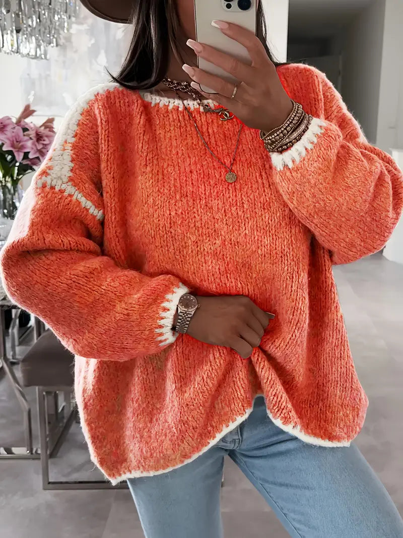 Maglione da Donna Girocollo in Maglia Morbida con Profili a Contrasto | Pullover Invernale Caldo a Spalla Scesa con Finiture Ricamate