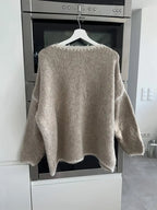 Maglione da Donna Girocollo in Maglia Morbida con Profili a Contrasto | Pullover Invernale Caldo a Spalla Scesa con Finiture Ricamate