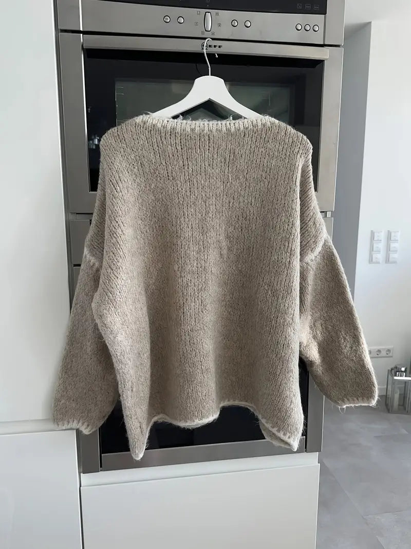 Maglione da Donna Girocollo in Maglia Morbida con Profili a Contrasto | Pullover Invernale Caldo a Spalla Scesa con Finiture Ricamate