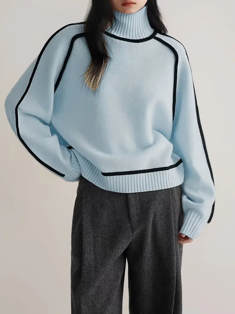 Maglione da Donna a Collo Alto con Profili a Contrasto | Pullover Dolcevita Invernale Caldo con Maniche Raglan e Bordature
