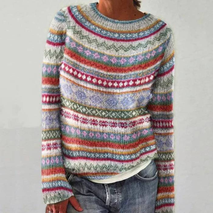 Maglione da Donna Girocollo a Trama Etnica Nordica con Bande a Mosaico | Pullover Invernale Soffice Jacquard