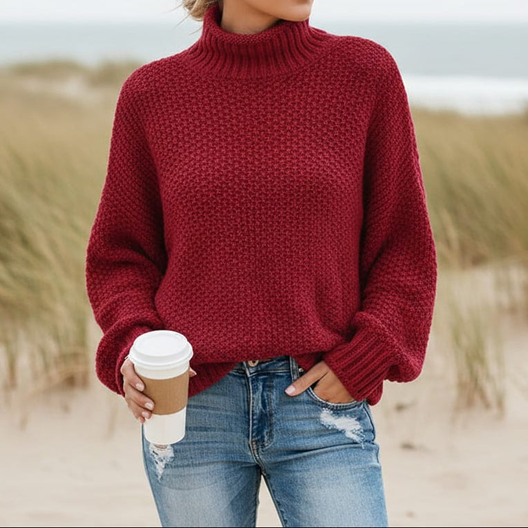Maglione da Donna a Collo Alto in Maglia a Nido d'Ape | Pullover Caldo Invernale a Spalla Scesa con Lavorazione Waffle