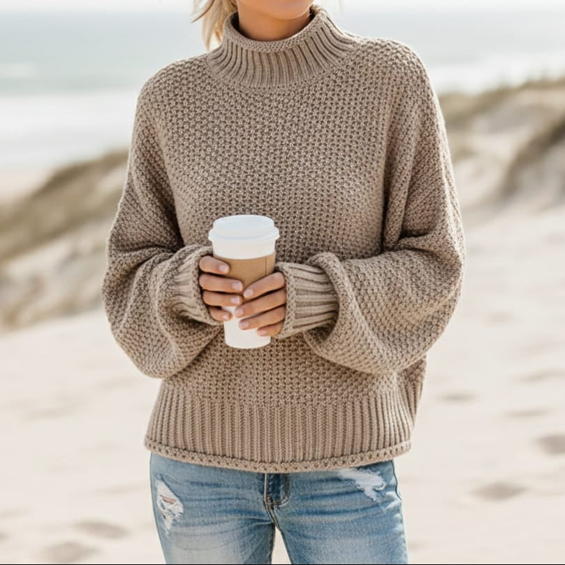 Maglione da Donna a Collo Alto in Maglia a Nido d'Ape | Pullover Caldo Invernale a Spalla Scesa con Lavorazione Waffle