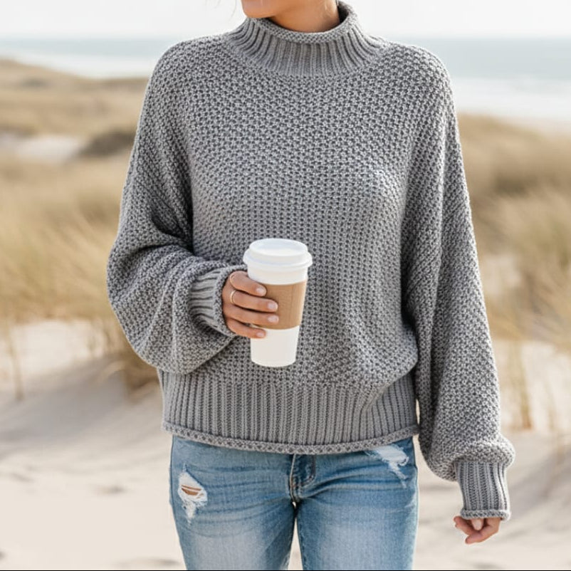 Maglione da Donna a Collo Alto in Maglia a Nido d'Ape | Pullover Caldo Invernale a Spalla Scesa con Lavorazione Waffle