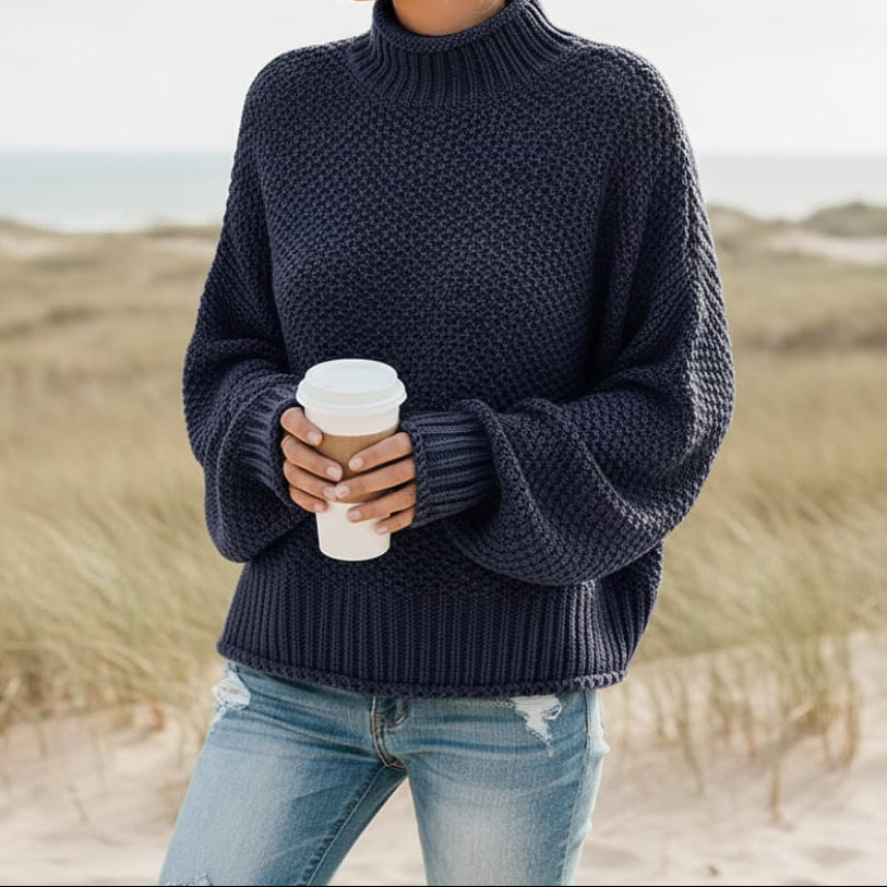 Maglione da Donna a Collo Alto in Maglia a Nido d'Ape | Pullover Caldo Invernale a Spalla Scesa con Lavorazione Waffle