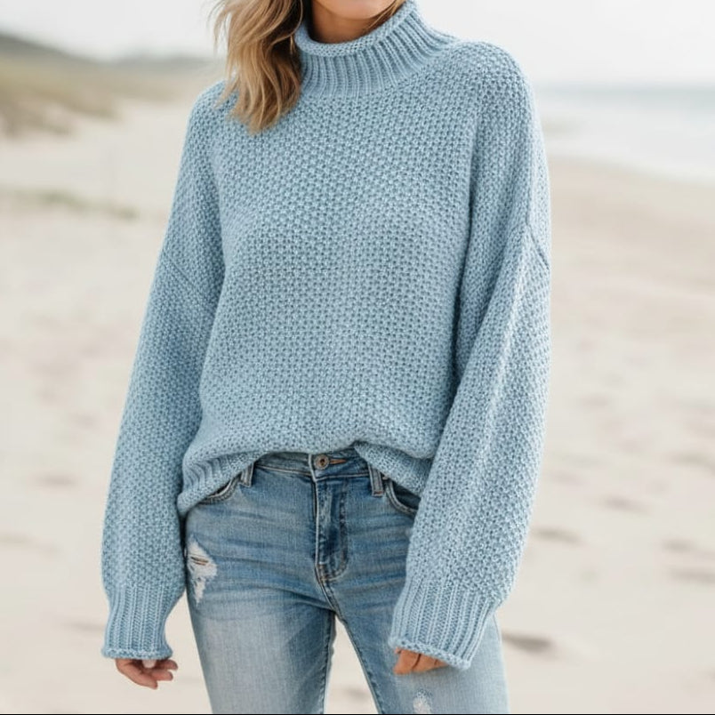 Maglione da Donna a Collo Alto in Maglia a Nido d'Ape | Pullover Caldo Invernale a Spalla Scesa con Lavorazione Waffle