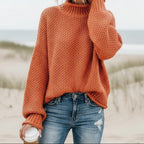 Maglione da Donna a Collo Alto in Maglia a Nido d'Ape | Pullover Caldo Invernale a Spalla Scesa con Lavorazione Waffle