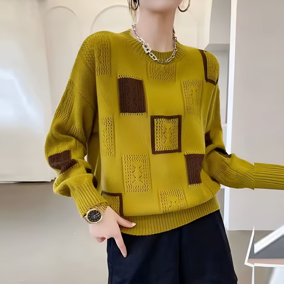Maglione da Donna a Girocollo a Rombi Geometrici | Sweater Morbido in Maglia Lavorata