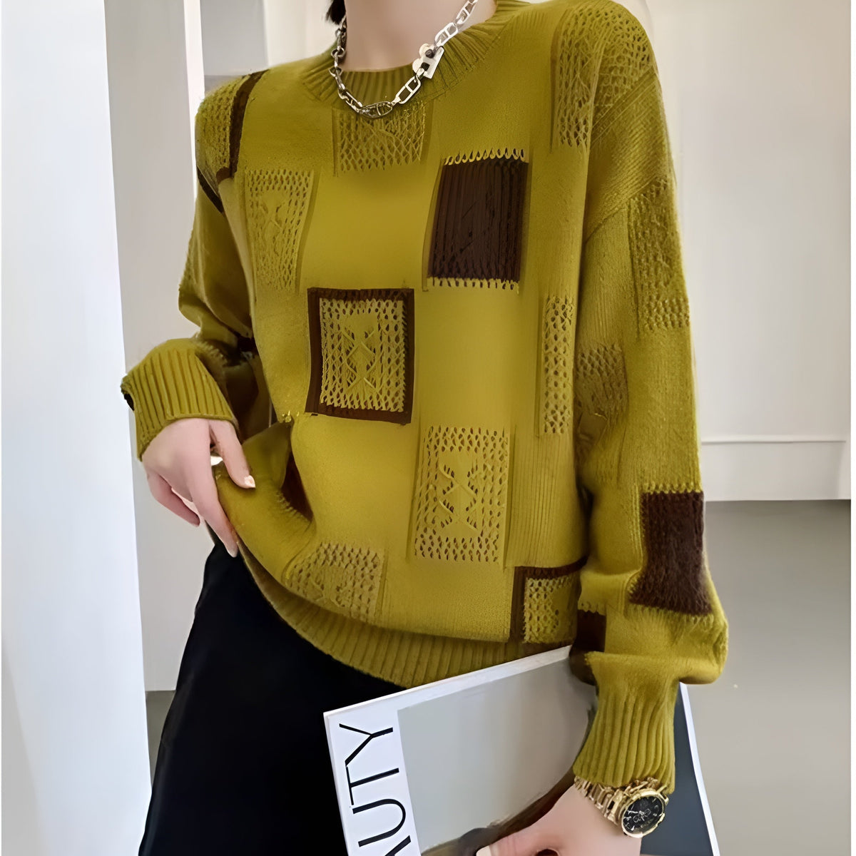 Maglione da Donna a Girocollo a Rombi Geometrici | Sweater Morbido in Maglia Lavorata