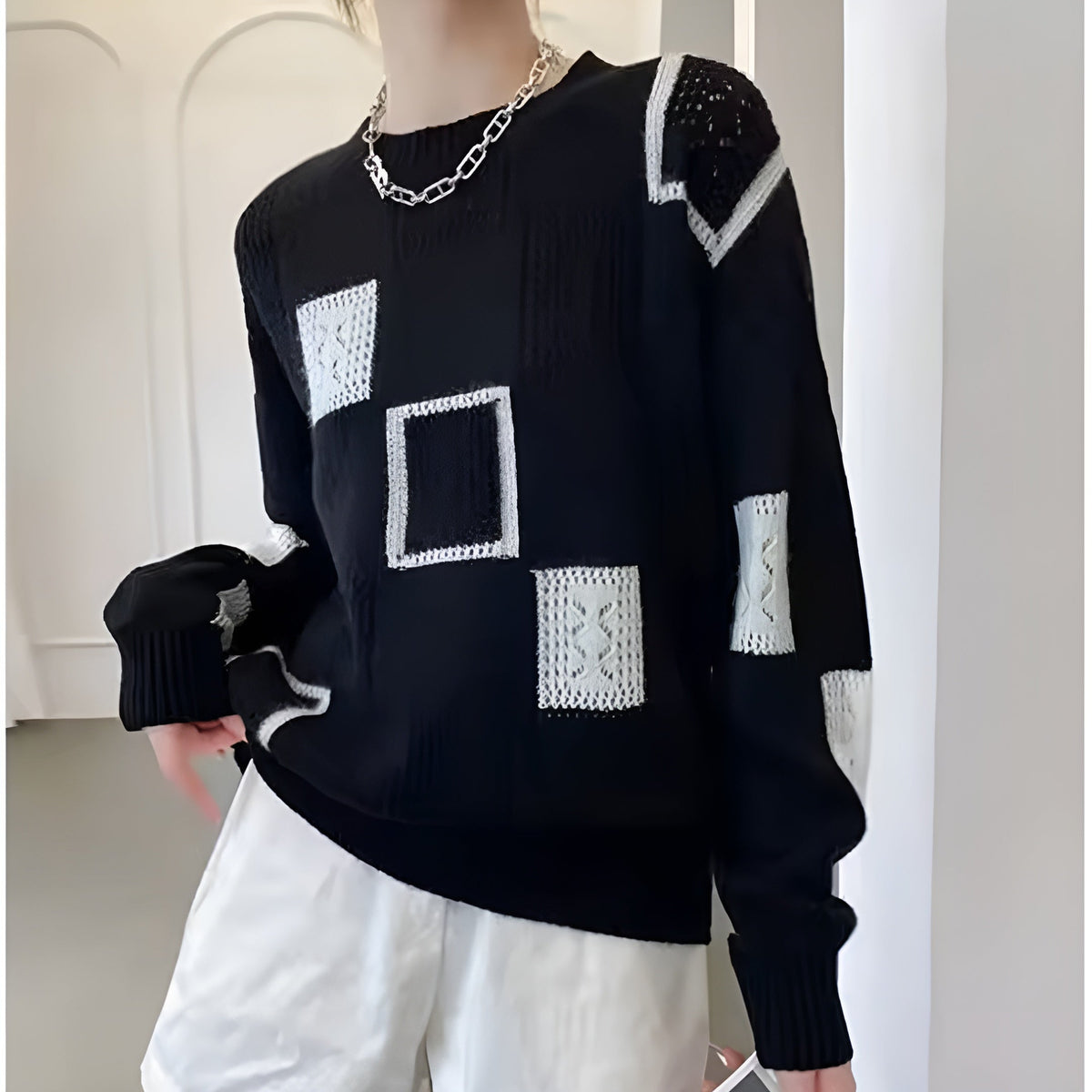 Maglione da Donna a Girocollo a Rombi Geometrici | Sweater Morbido in Maglia Lavorata