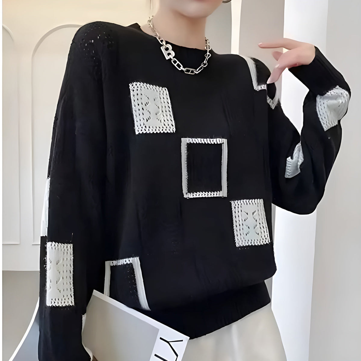 Maglione da Donna a Girocollo a Rombi Geometrici | Sweater Morbido in Maglia Lavorata