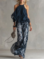 Completo Elegante in Chiffon da Donna a Due Pezzi | Top Collo Alto e Pantaloni Ampi Stampati