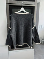Maglione da Donna Girocollo in Maglia Morbida con Profili a Contrasto | Pullover Invernale Caldo a Spalla Scesa con Finiture Ricamate