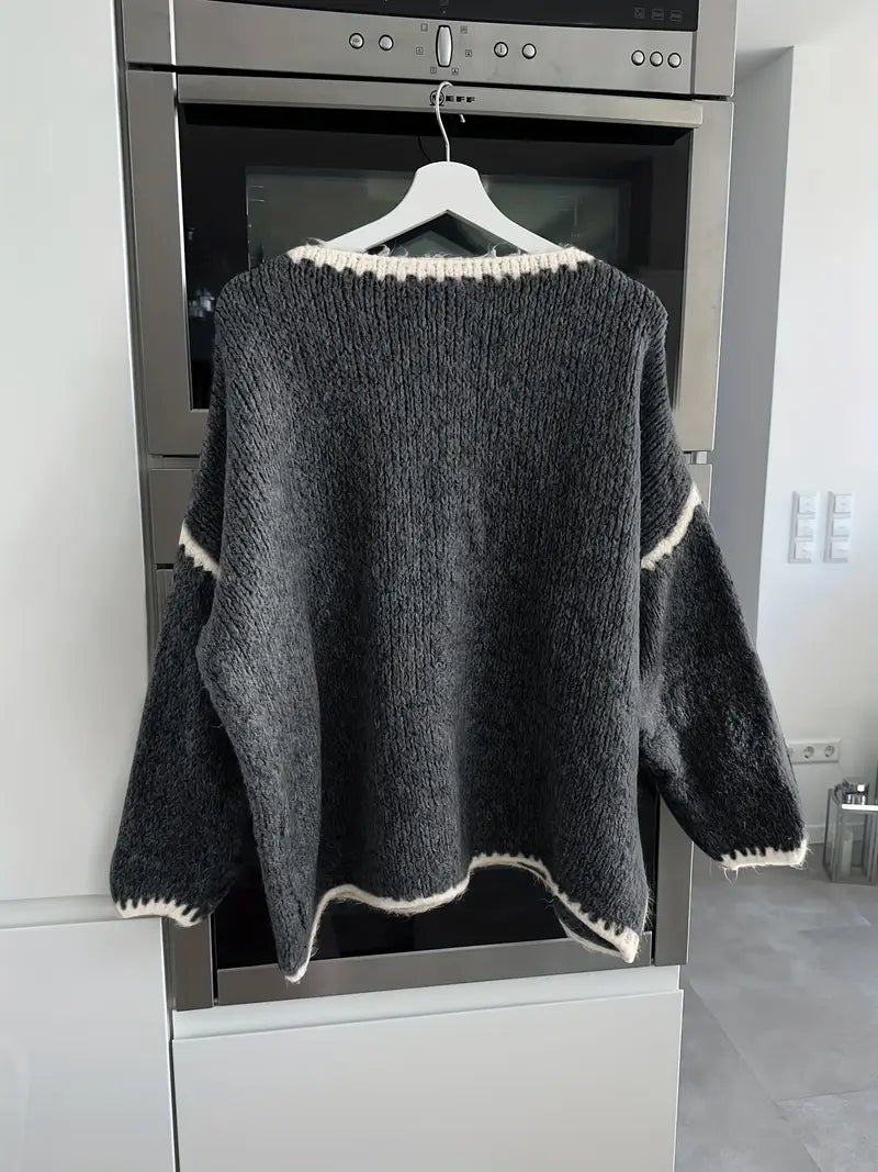 Maglione da Donna Girocollo in Maglia Morbida con Profili a Contrasto | Pullover Invernale Caldo a Spalla Scesa con Finiture Ricamate