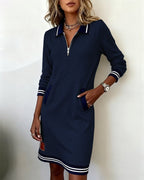 Abito Polo Sportivo a Maniche Lunghe con Mezza Zip da Donna – Vestito Casual in Felpa con Bordi a Righe e Tasche