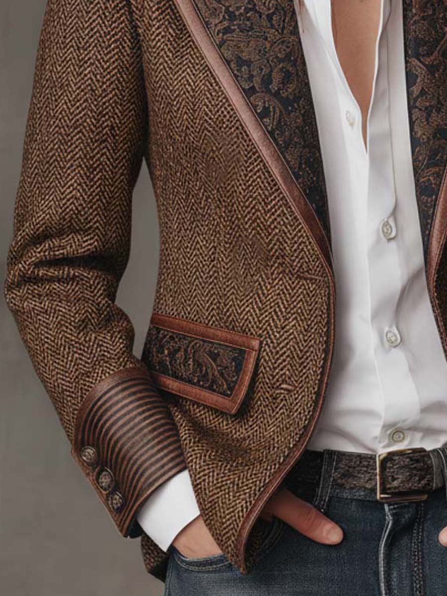 Blazer Sartoriale da Donna con Inserti Geometrici a Zigzag e Profili a Contrasto | Giacca Strutturata a Spina di Pesce a Due Bottoni con Tasche