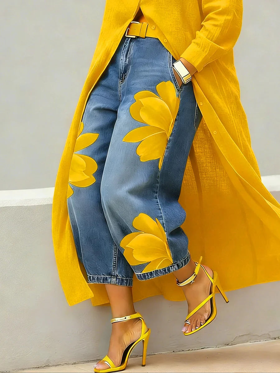 Completo da Donna Elegante con Vestito Chemisier Lungo e Jeans Floreali | Set Coordinato 2 Pezzi Spolverino in Lino e Denim a Gamba Dritta