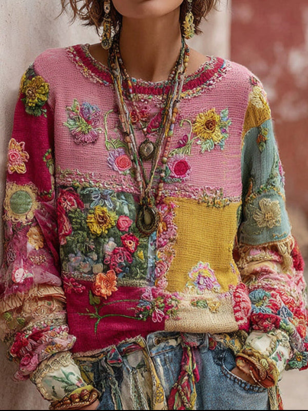 Maglione da Donna in Maglia Morbida con Patchwork Floreale Boho | Pullover Invernale Colorato con Ricami a Rilievo e Dettagli all'Uncinetto